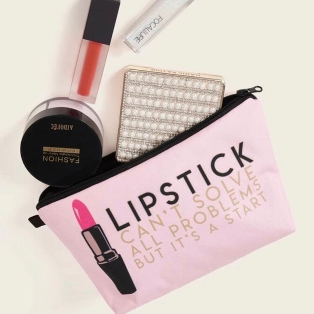 3/$30 LIPSTICK CAN’T SOLVE ALL PROBLEMS BUT ITS A START Makeup Pink Toiletry Bag